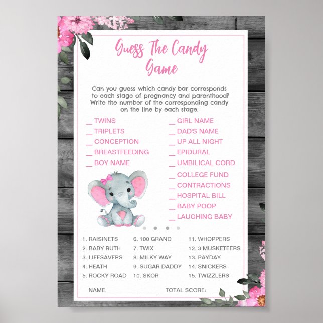 Gissa godiset Baby Shower Game Elefant Rosa Poster (Framsidan)