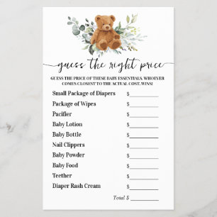 Gissa Höger Pris Bear Greenery Baby Shower-spel Flygblad