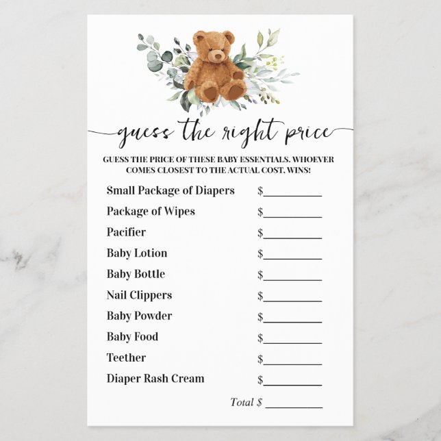 Gissa Höger Pris Bear Greenery Baby Shower-spel Flygblad (Framsidan)