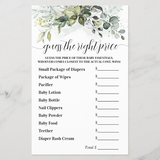 Gissa Högerna Pris Greenery Baby Shower-spel Flygblad (Framsidan)