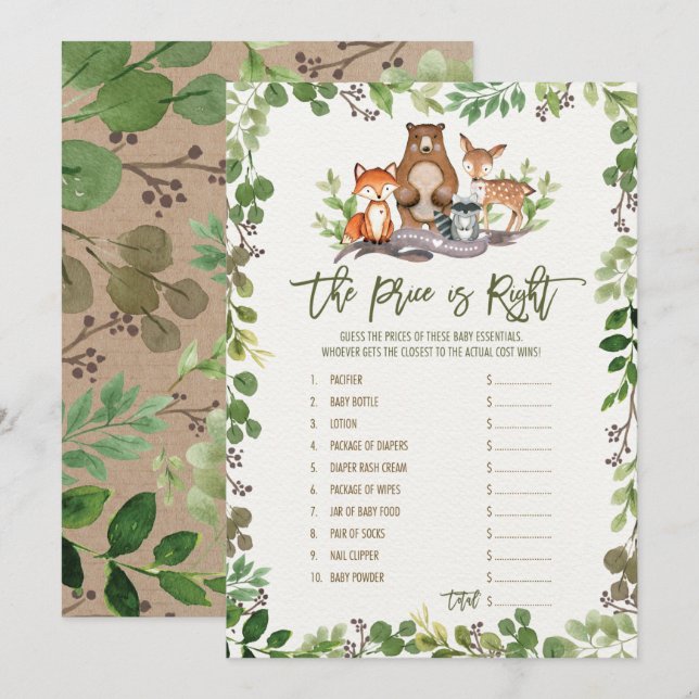 Gissa Högerna Pris Woodland Baby Shower-spel Inbjudningar (Fram/baksida)