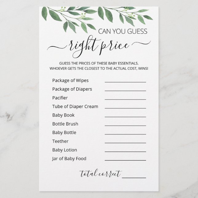 Gissa högernas prisa spel Baby Shower party-spel (Framsida)