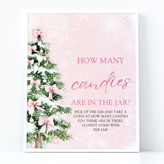 Gissa hur många kanariska babyskor? poster (Pink Bows Christmas Guess How Many Candies Baby Shower Sign)