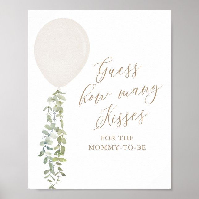 Gissa hur många Kisses White Balloon Baby Shower Poster (Framsidan)