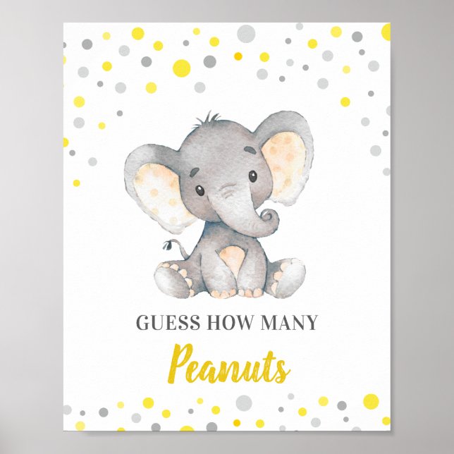 Gissa hur många peanuts-Gult Elephant Baby Shower Poster (Framsidan)