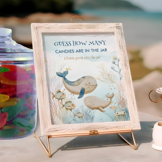 Gissa hur många spelskyltar för babybabyskor poster (Guess How Many Game sign from the Whale Baby Shower Collection by Darling & May)