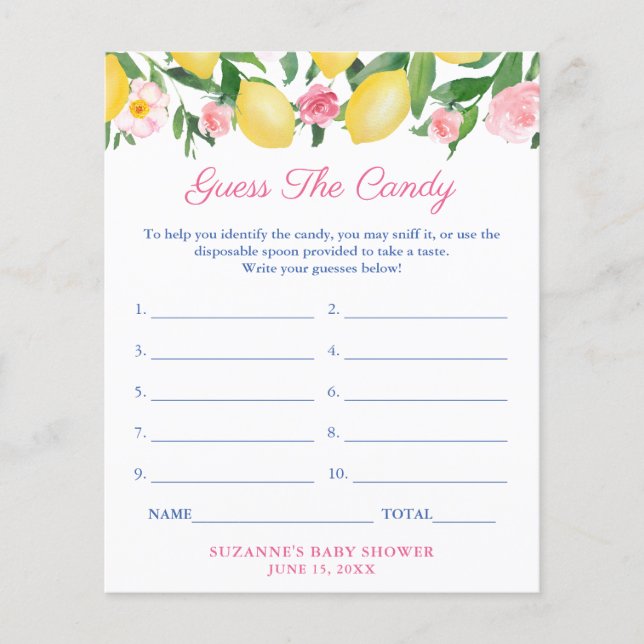 Gissa Kandy Lemons Rosa Baby Shower Game Card Flygblad (Framsidan)
