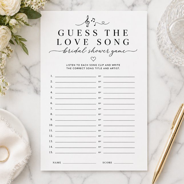 Gissa Kärlekssång Bröllopsdusch Spelkort Flygblad (Music lover bridal game)
