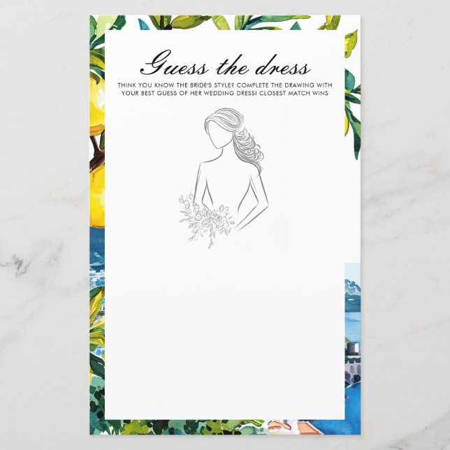Gissa klänningen Amalfi bröllopsfest spel (Framsida)