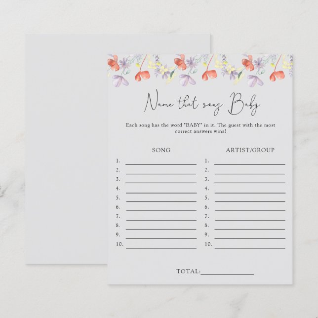 Gissa låten \ Vilda blommor baby shower spel (Fram/baksida)