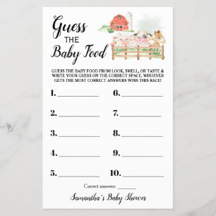 Gissa matchkortet Baby Food Farm Baby Shower Flygblad