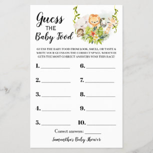 Gissa matchkortet Baby Food Jungle Baby Shower Flygblad