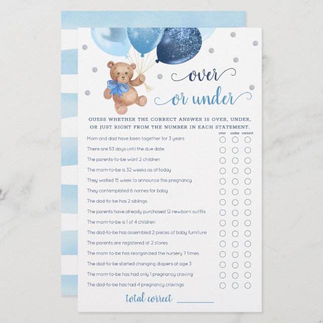 Gissa över eller under Nallen Game Baby Shower (Fram/baksida)