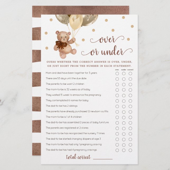 Gissa över eller under Nallen Game Baby Shower (Fram/baksida)