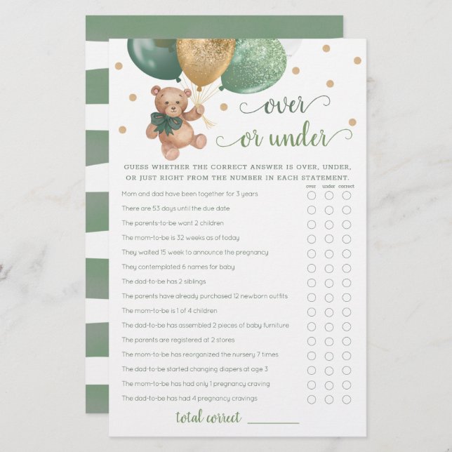 Gissa över eller under Nallen Game Baby Shower (Fram/baksida)