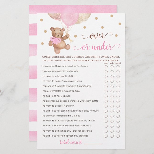 Gissa över eller under Nallen Game Baby Shower (Fram/baksida)