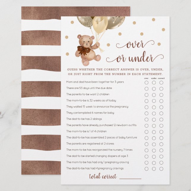 Gissa Över eller Under Spel Baby Shower Teddybjörn (Fram/baksida)