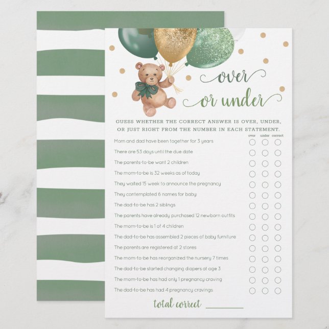 Gissa Över eller Under Spel Baby Shower Teddybjörn (Fram/baksida)