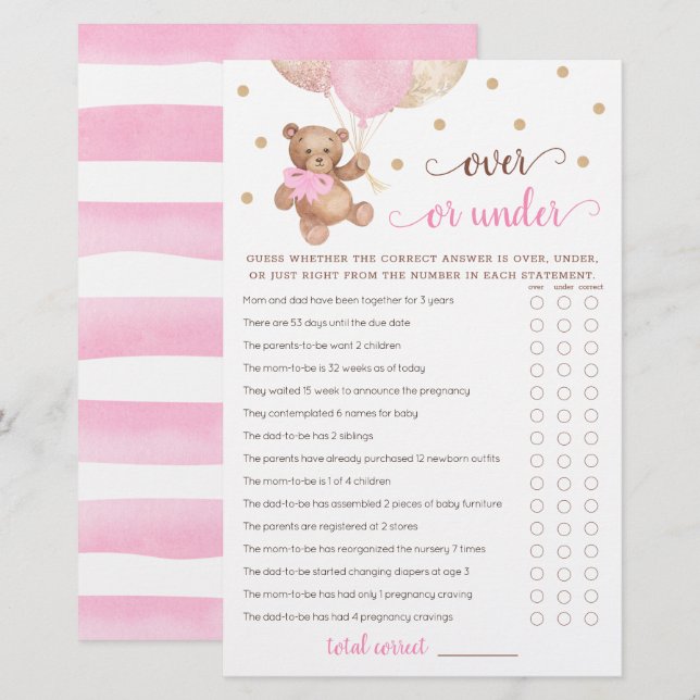 Gissa Över eller Under Spel Baby Shower Teddybjörn (Fram/baksida)