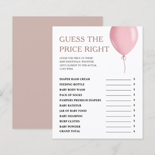 Gissa Pris Rosa Balloon Girl Baby Shower Game (Fram/baksida)