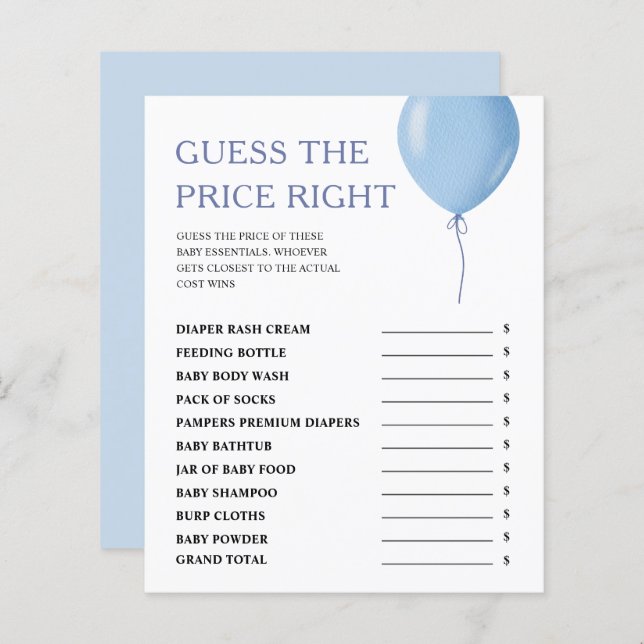 Gissa Prisa Blue Balloon Boy Shower Game (Fram/baksida)