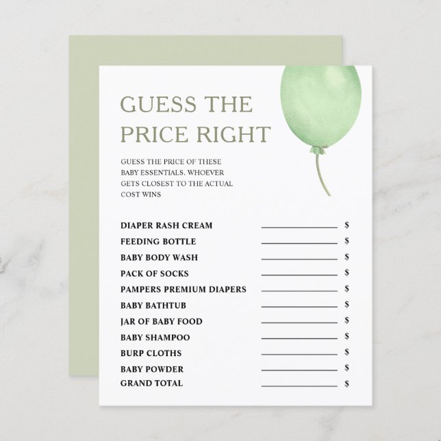 Gissa priset Grön ballongpojke Baby Shower-spel (Fram/baksida)
