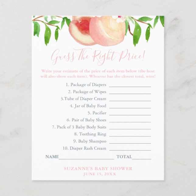 Gissa Rätt Pris Sweet Peach Baby Shower-spel Flygblad (Framsidan)