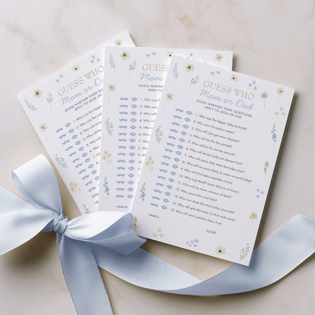 Gissa vem baby shower spel blå vildblomma rådkort (Guess who mom or dad Blue wildflower baby shower game)