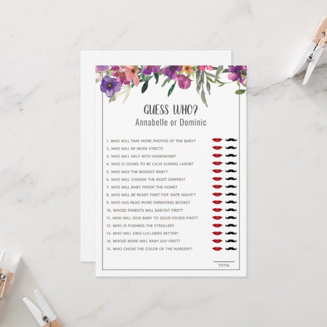 Gissa vem Blommigten är redigerbar för babyvisning Inbjudningar (Fram/Back In Situ)