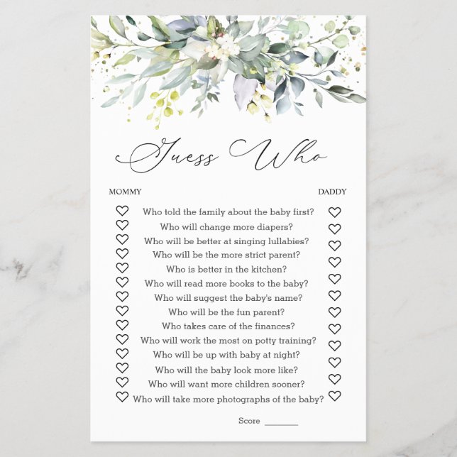 Gissa vem Mamma eller pappa Baby Shower Game Green Flygblad (Framsidan)