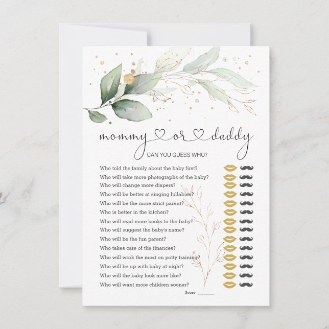 Gissa vem Mamma eller pappa Baby Shower Game Green Inbjudningar (Framsida)