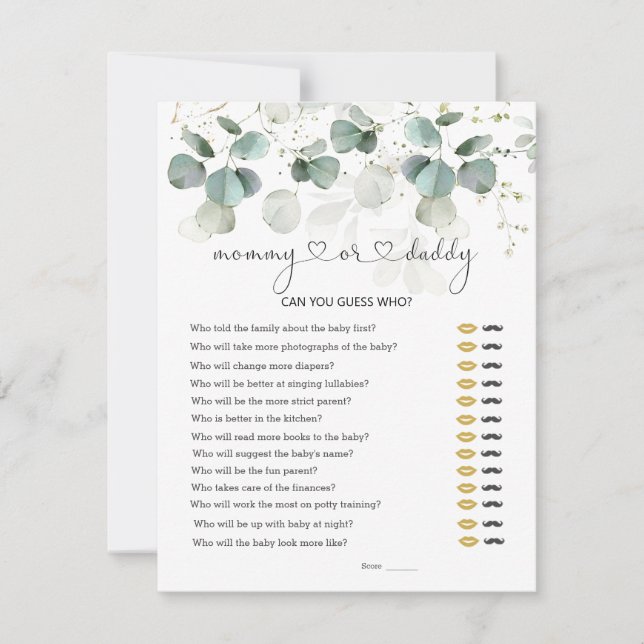 Gissa vem Mamma eller pappa Baby Shower Greenery G OSA Kort (Framsida)