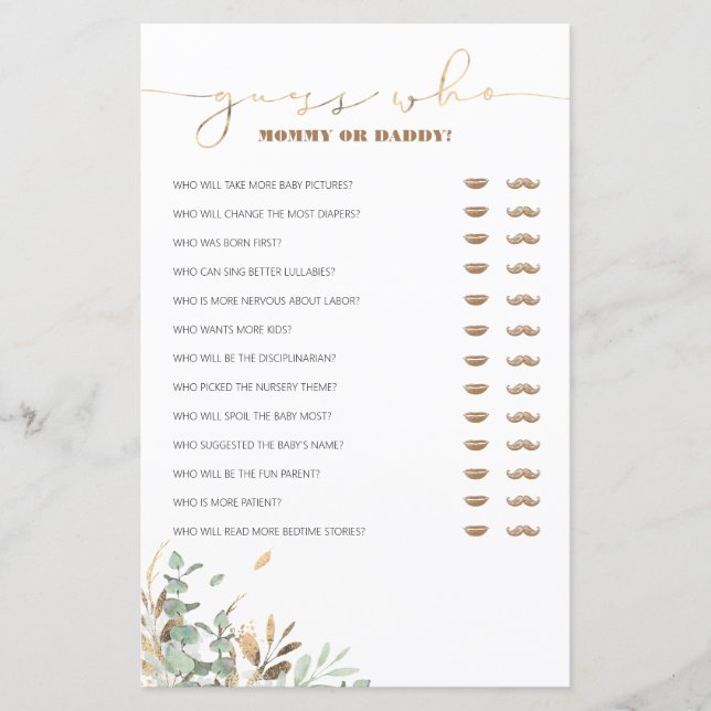 Gissa vem Mamma eller pappa Baby Shower-spel (Framsida)