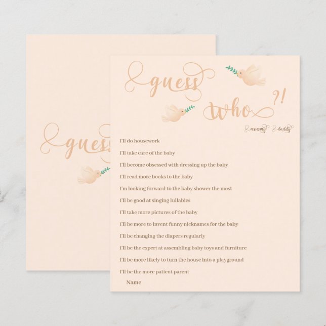 Gissa vem Mamma eller pappa Baby Shower-spel (Fram/baksida)