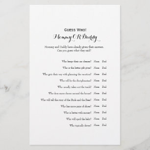 Gissa vem Mamma eller pappa Baby Shower-spel Flygblad