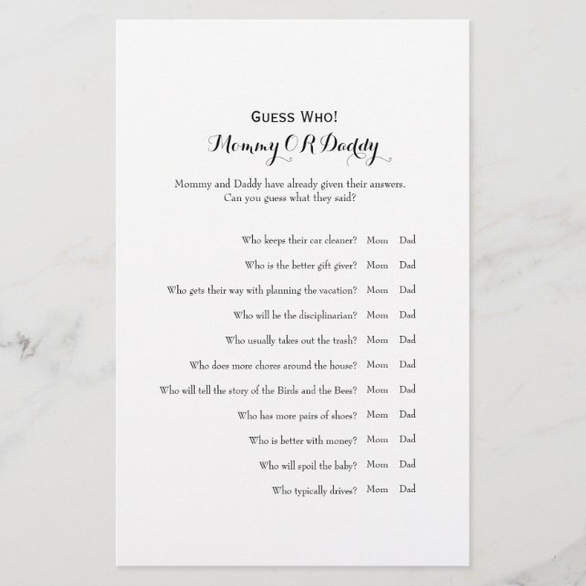 Gissa vem Mamma eller pappa Baby Shower-spel Flygblad (Framsidan)