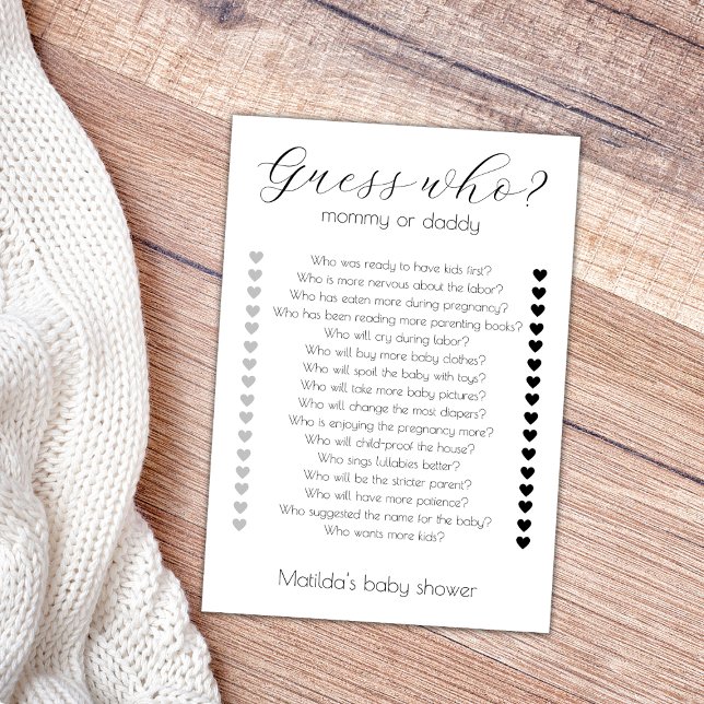 Gissa vem Mamma eller Pappa minimalistiskt babyvis Kort (guess who mom or dad baby shower game who said it mommy or daddy baby shower games minimalist)
