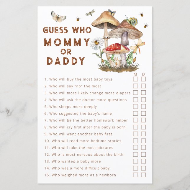 Gissa vem Mamma eller pappa Mushroom Baby Shower (Framsida)