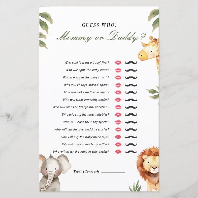 Gissa vem Mamma eller Pappa Safari Baby Shower Spe (Framsida)