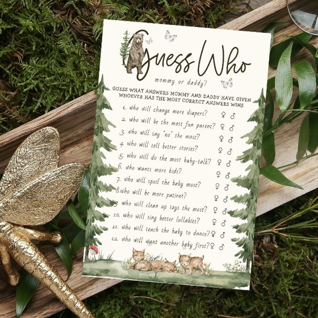 Gissa vem Mamma eller pappa Woodland Game Baby Sho Flygblad (Guess Who Mommy Or Daddy Baby Shower Game)