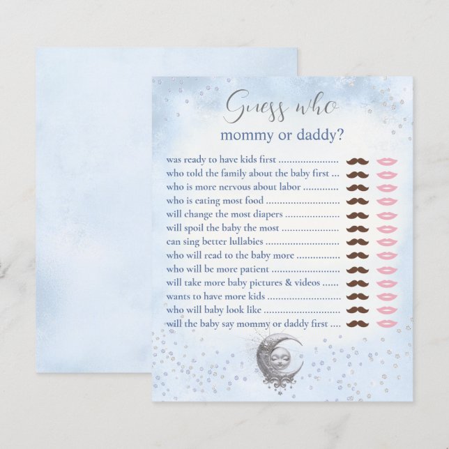 Gissa vem Mamma pappa Blue Måne Baby Shower Game (Fram/baksida)