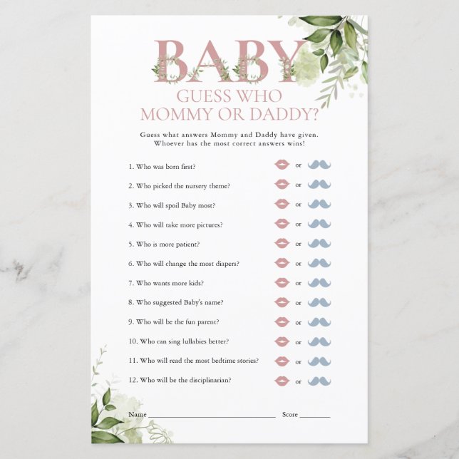 Gissa vem Mamma pappa Greenery Baby Shower Game (Framsida)
