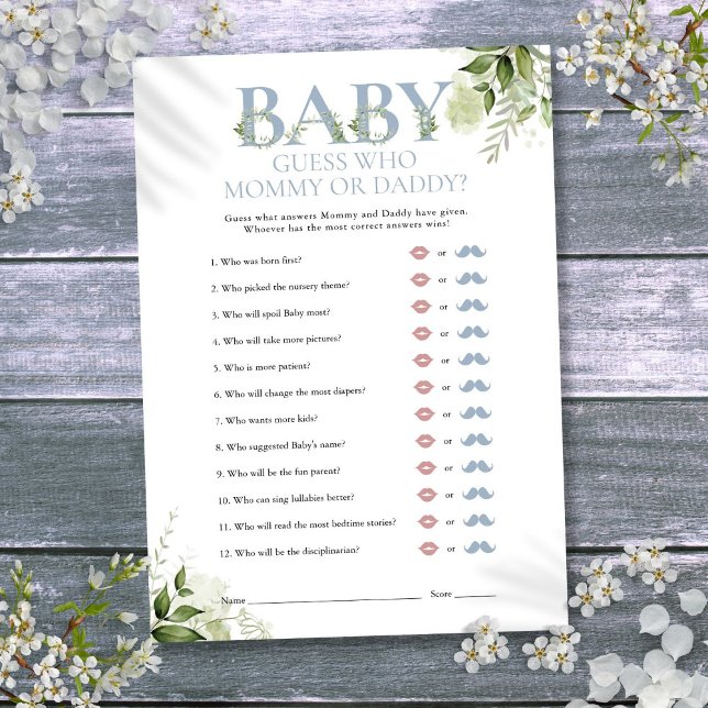 Gissa vem Mamma Pappa Grönska Baby Shower Spel Inbjudningar (Guess Who Mommy Daddy Greenery Baby Shower Game Invitation)