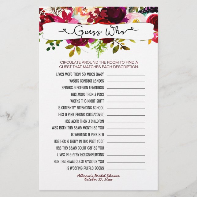 Gissa vem + mobila spel, burgundisk blommigt 3979 (Framsida)