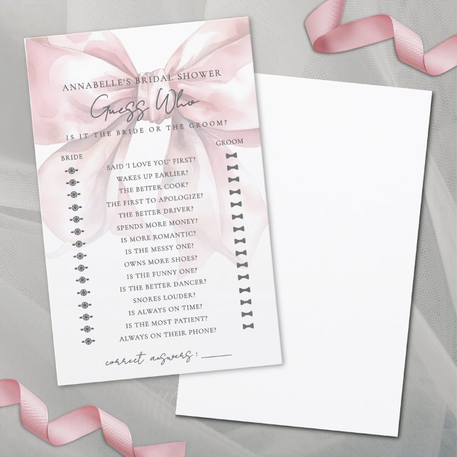 Gissa Vem Röda Rosa Ros Bröllopsfestspel (Guess Who Blush Pink Bow Bridal Shower Game)