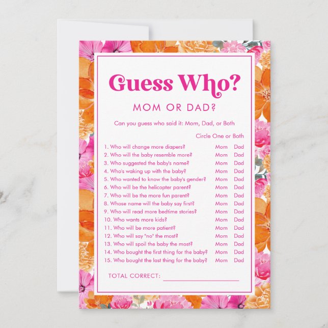 Gissa Vem Rosa & Blommig Bebis Shower Lek Inbjudningar (Framsida)