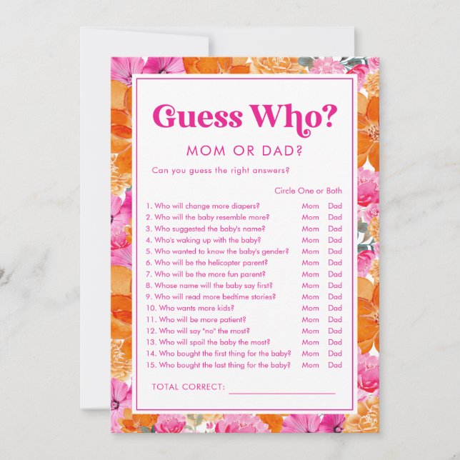 Gissa Vem Rosa & Blommig Bebis Shower-spel Inbjudningar (Framsida)