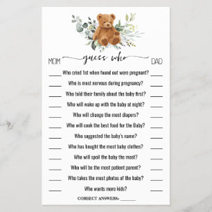 Gissa vem som bär greenery Baby Shower-spelkortet Flygblad