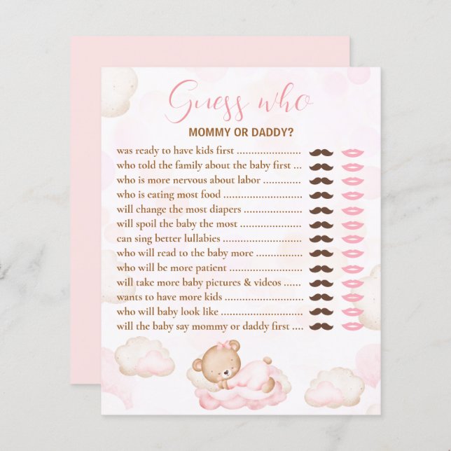 Gissa vem som bär Rosa Baby Shower-spel (Fram/baksida)
