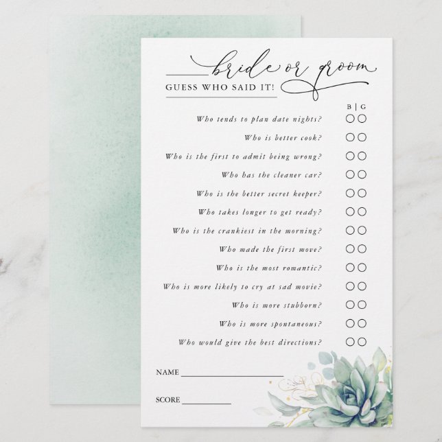 Gissa vem som får brista eller Groom - Succulents- (Fram/baksida)